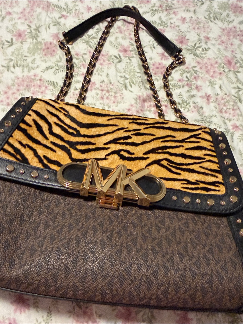 Michael Kors Brown Monogram Shoulder Bag with Tiger-Print Flap and Gold Hardware